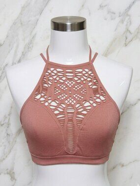Leto Bralette High Neck Crochet Strappy Back Boho Dusty Pink Floral XS/S